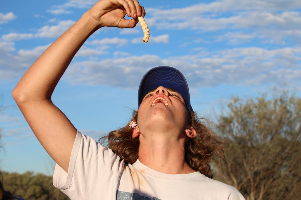 Spencer trying a Witchettey Grub